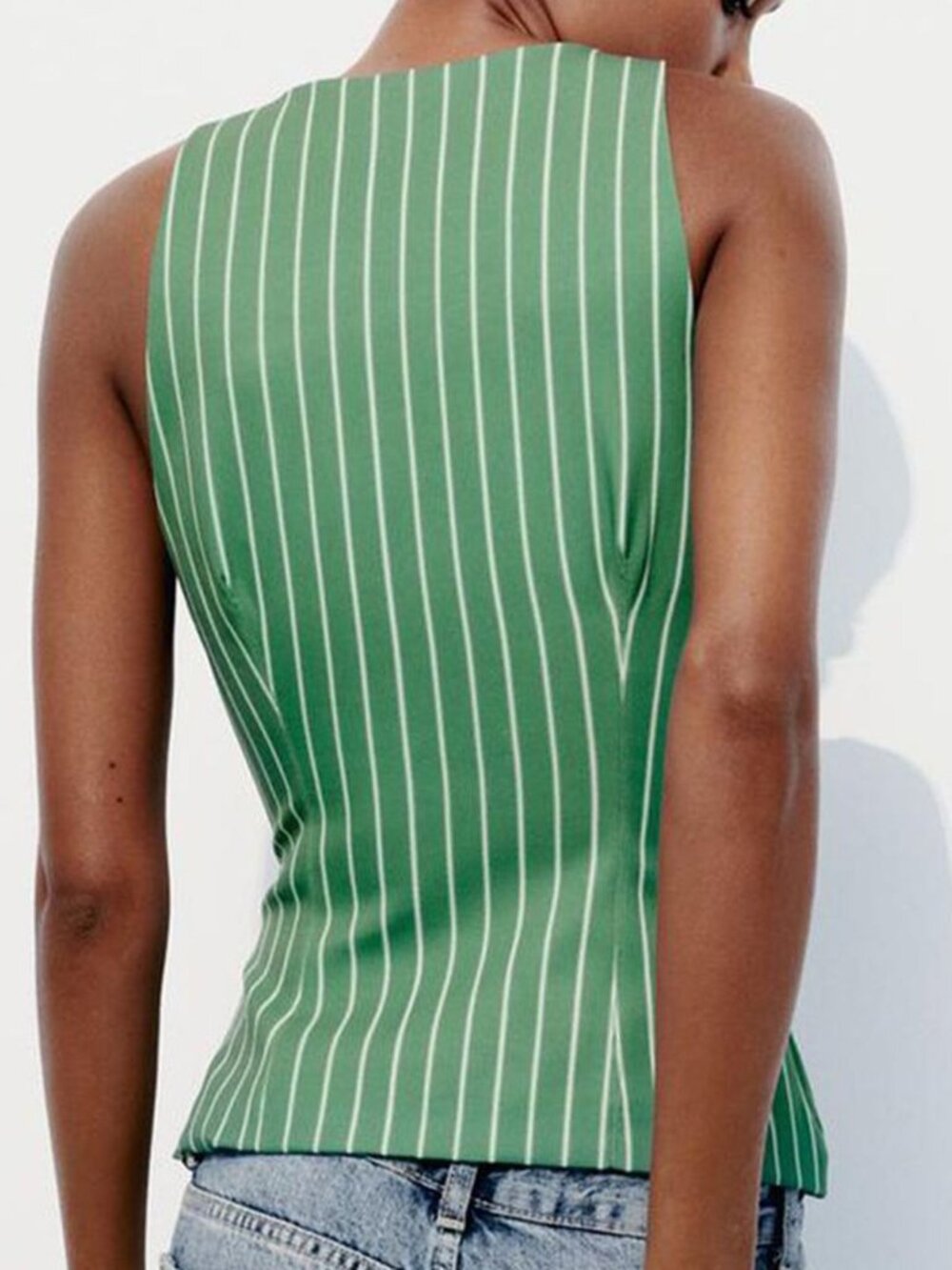 Zara Striped Low Cut Sleeveless Vest Top - Green / White - Size Medium - Picture 10 of 12